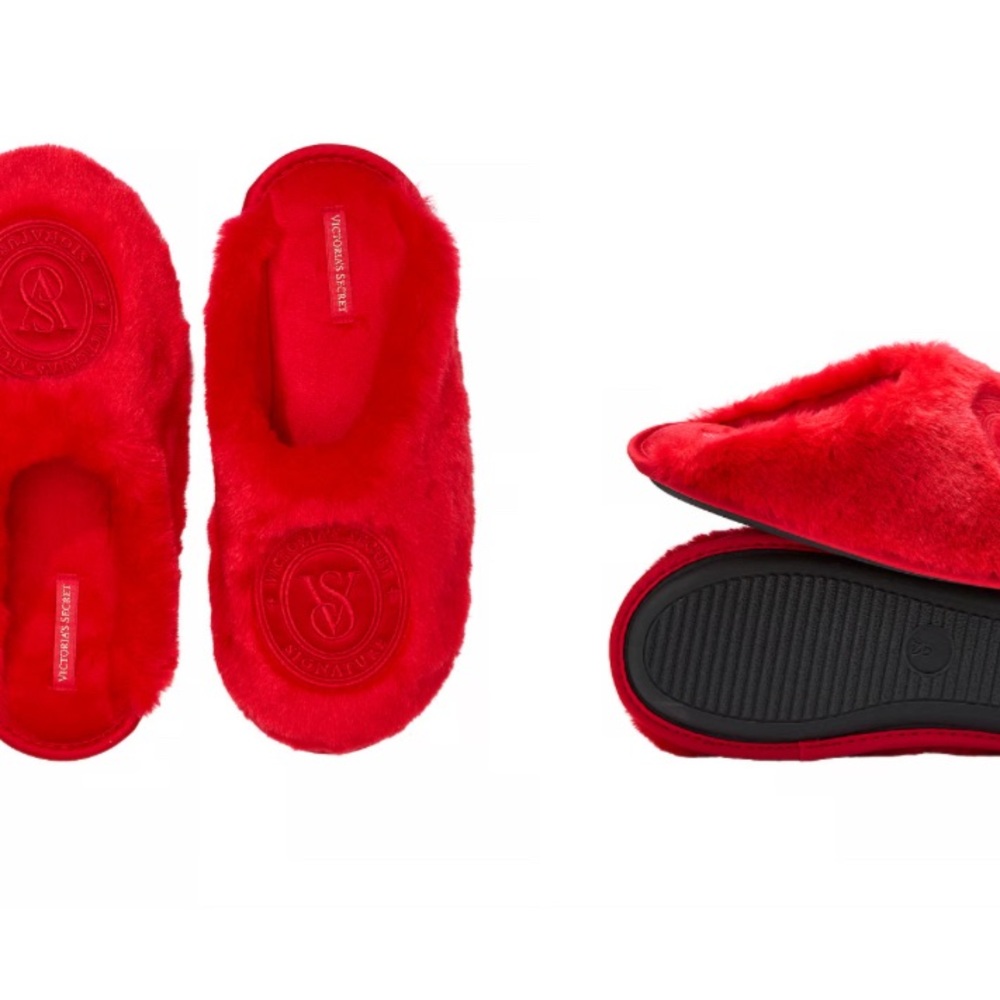 Victoria’s Secret Heritage Logo Plush faux fur red cozy slippers Large 9/10 New - Picture 5 of 9